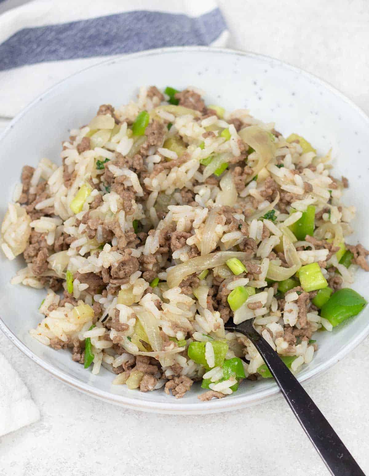 Cajun Rice Dressing in a serving plate