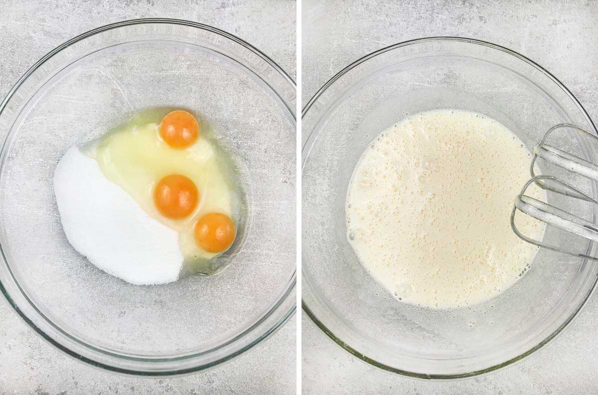 In a large bowl, whisk together eggs and sugar until light and smooth.