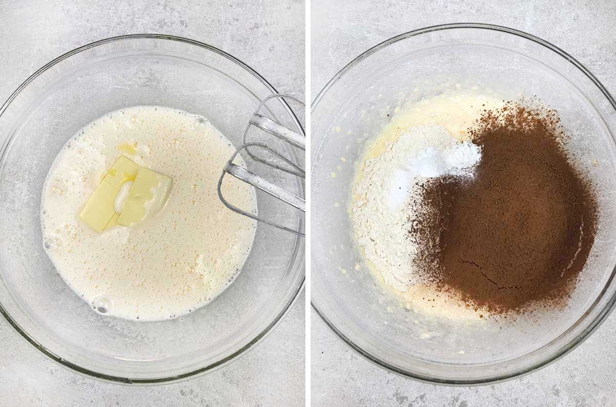 Mix in butter and then mix in flour, cocoa powder, baking powder, and salt.