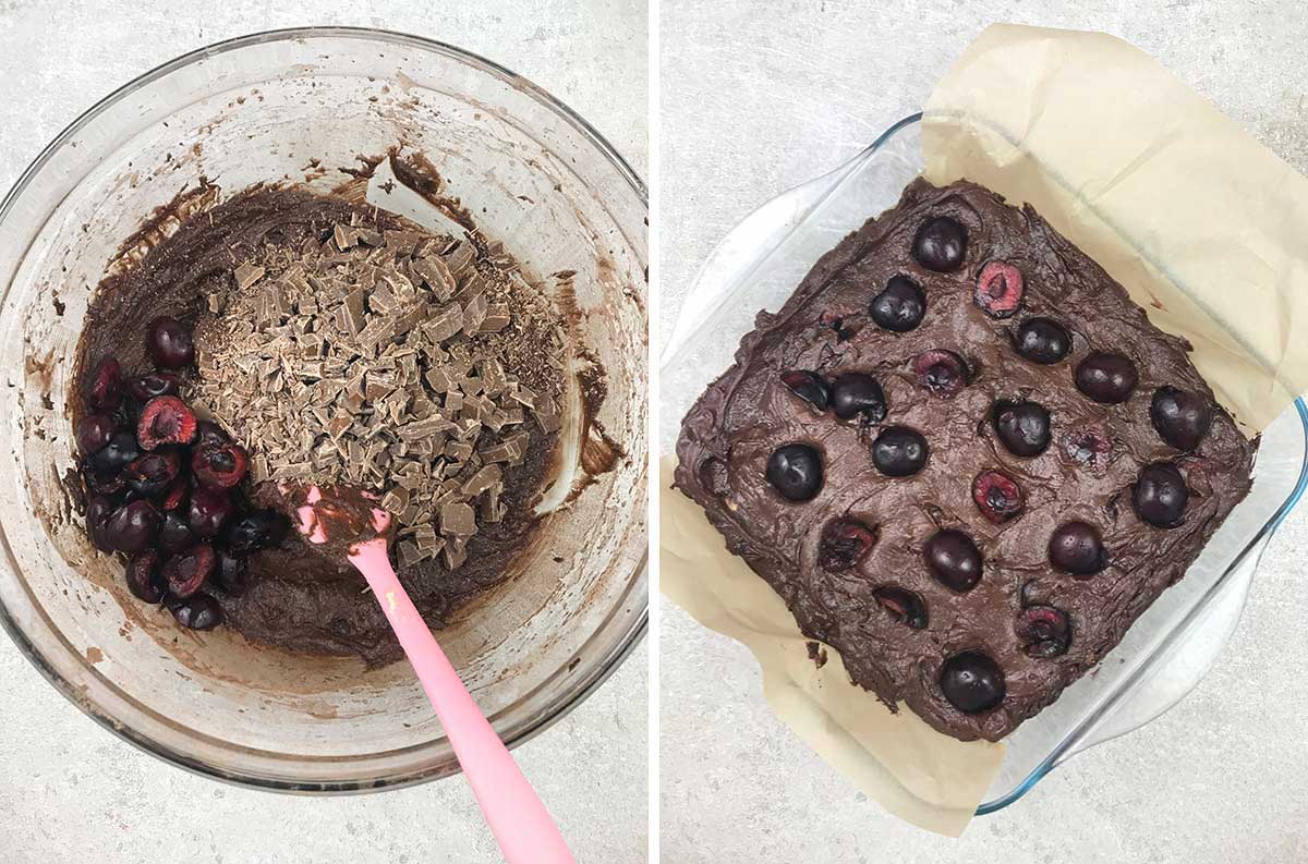 Fold in the chopped chocolate and cherries, and scoop into the baking pan.