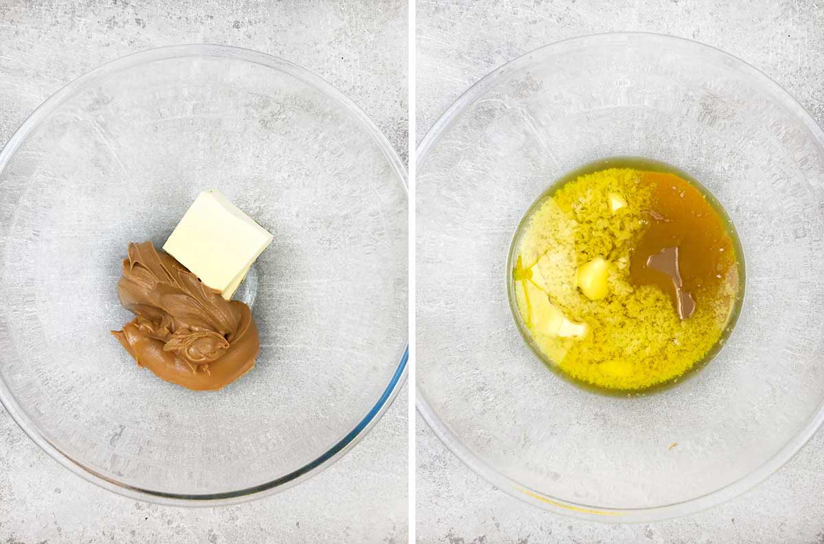 Microwave butter and peanut butter for 1-2 minutes or until both are melted.