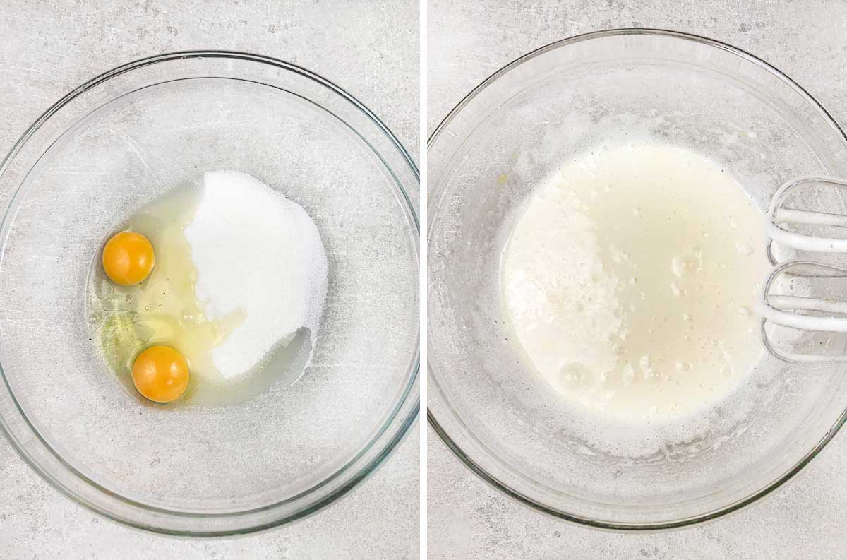 Whisk eggs and sugar until fluffy.