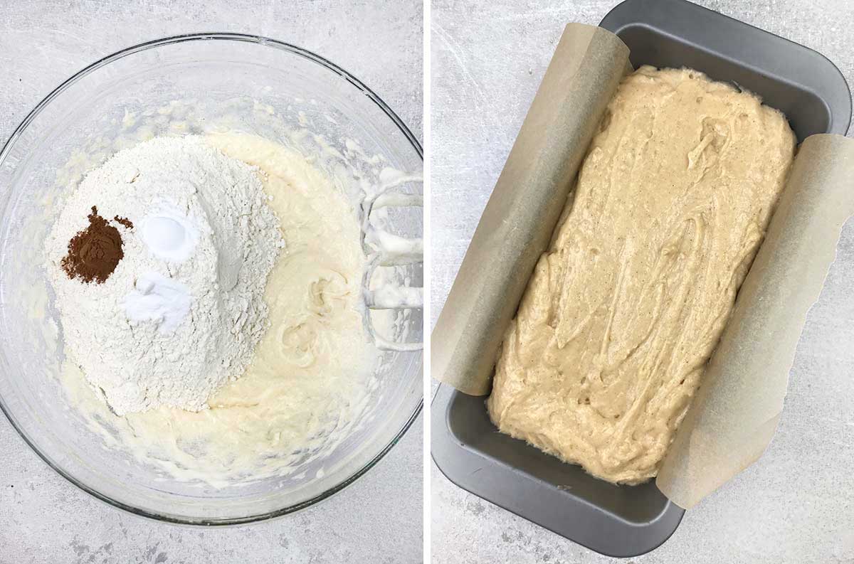 Mix in the dry ingredients, then pour the batter into the loaf tin.