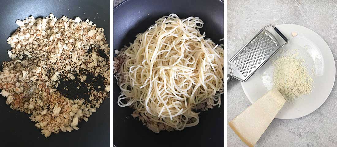 Toast the breadcrumbs, add the pasta and top with cheese.