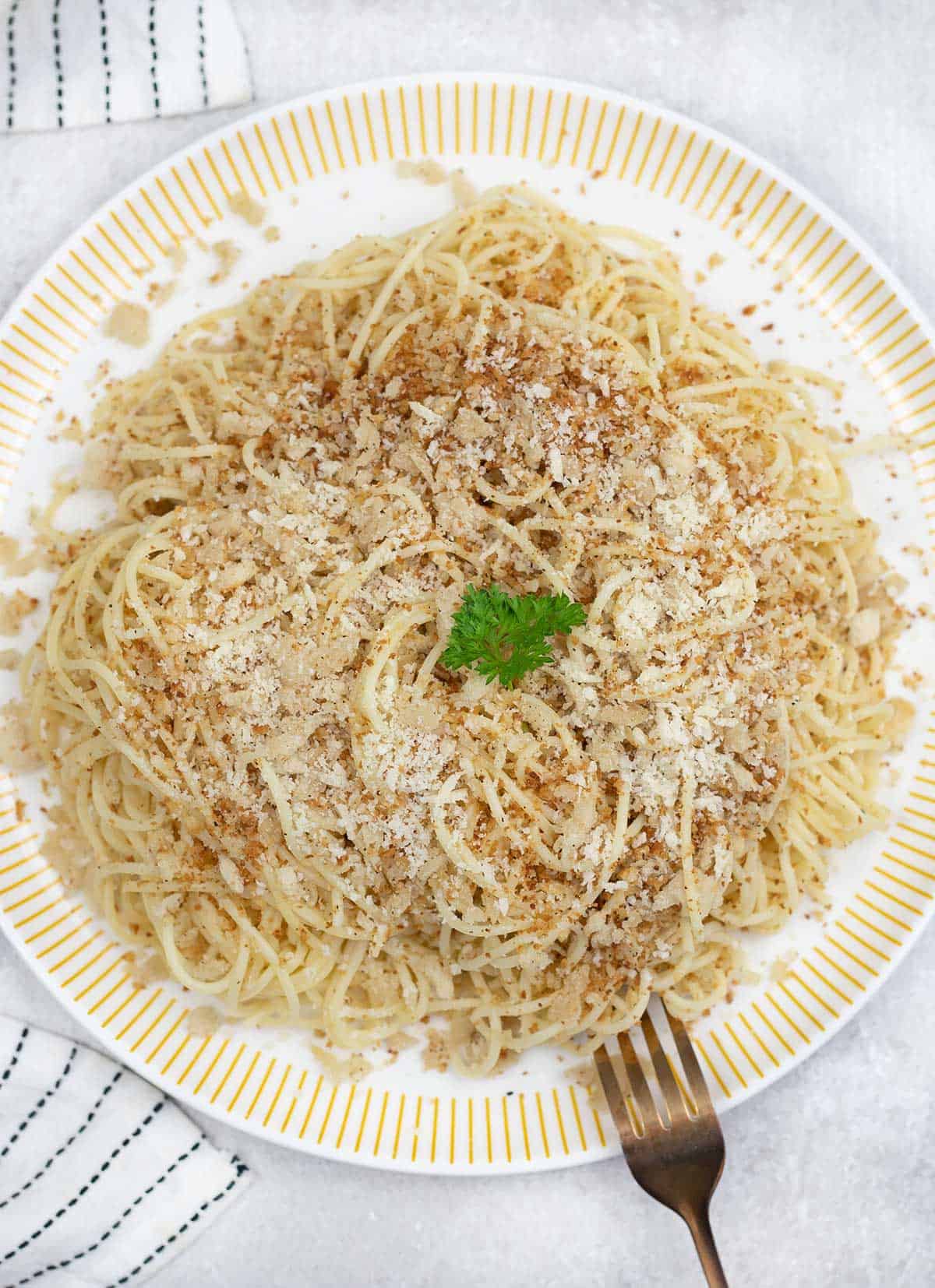 Overheat shot of pasta with breadcrumbs.