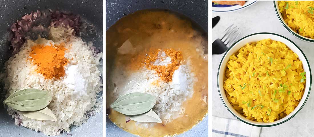 Stir in the rice, salt, ground turmeric and bay leaves and water.