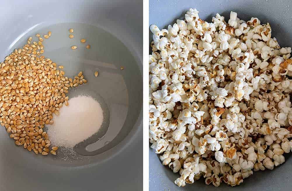 Add popcorn kernels and sugar to the heated oil, then once pop sprinkle the salt.