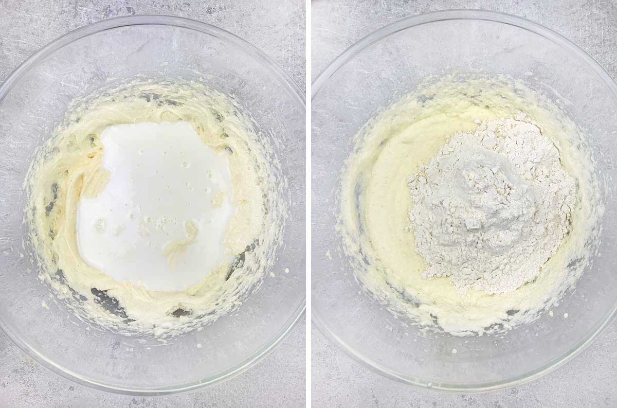 Mix in the milk and stir in flour.