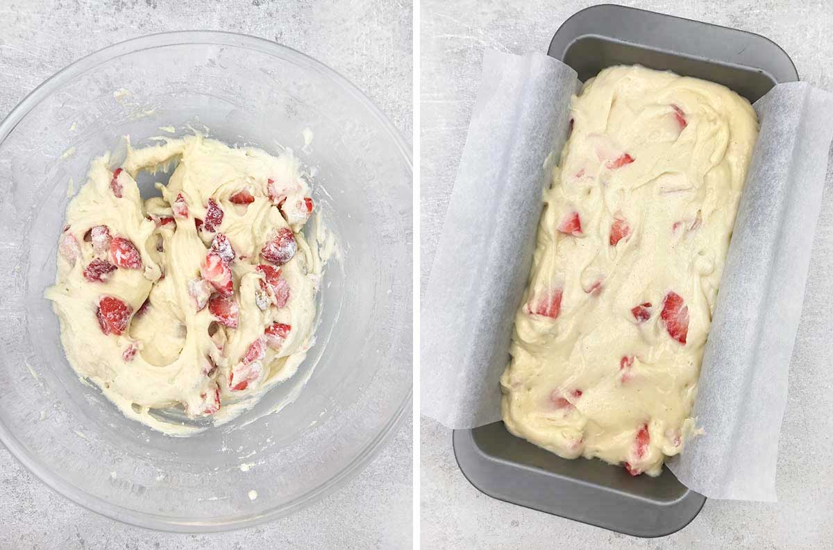 Fold in the strawberries then transfer the batter to the loaf tin.