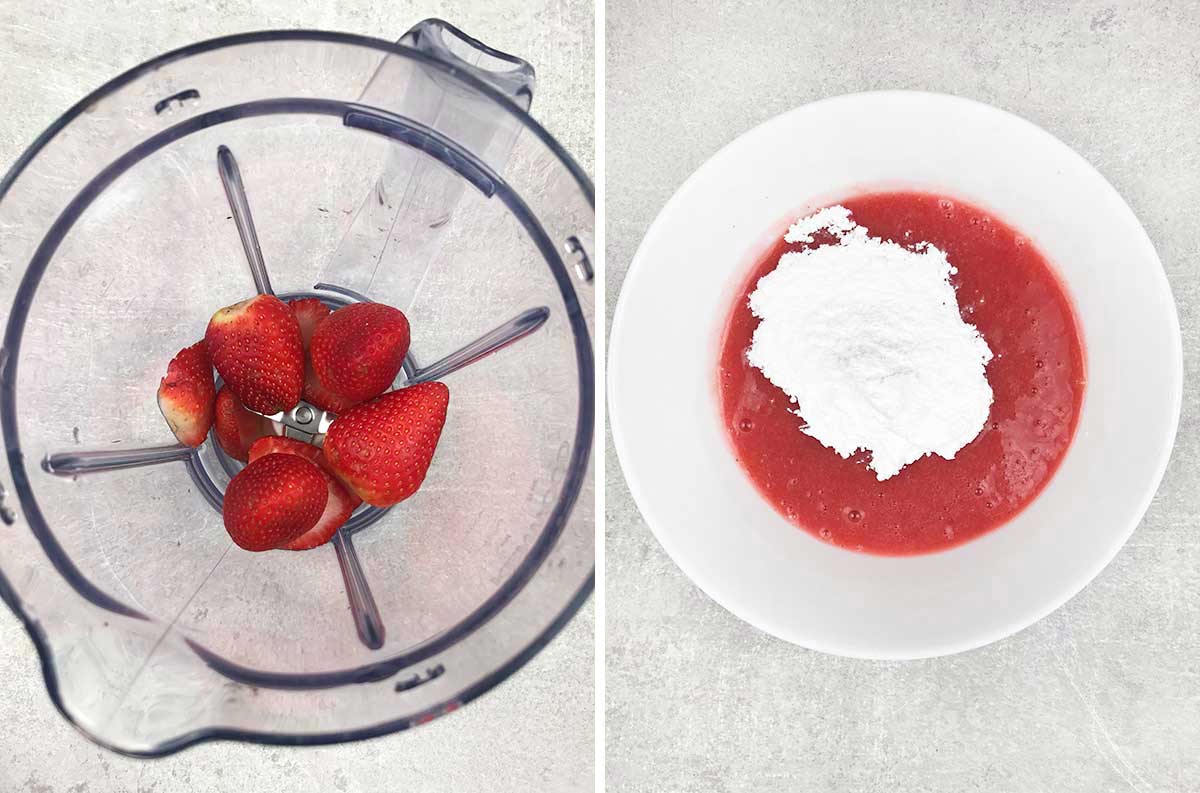 Blitz strawberries in the food processor and then add the icing sugar.