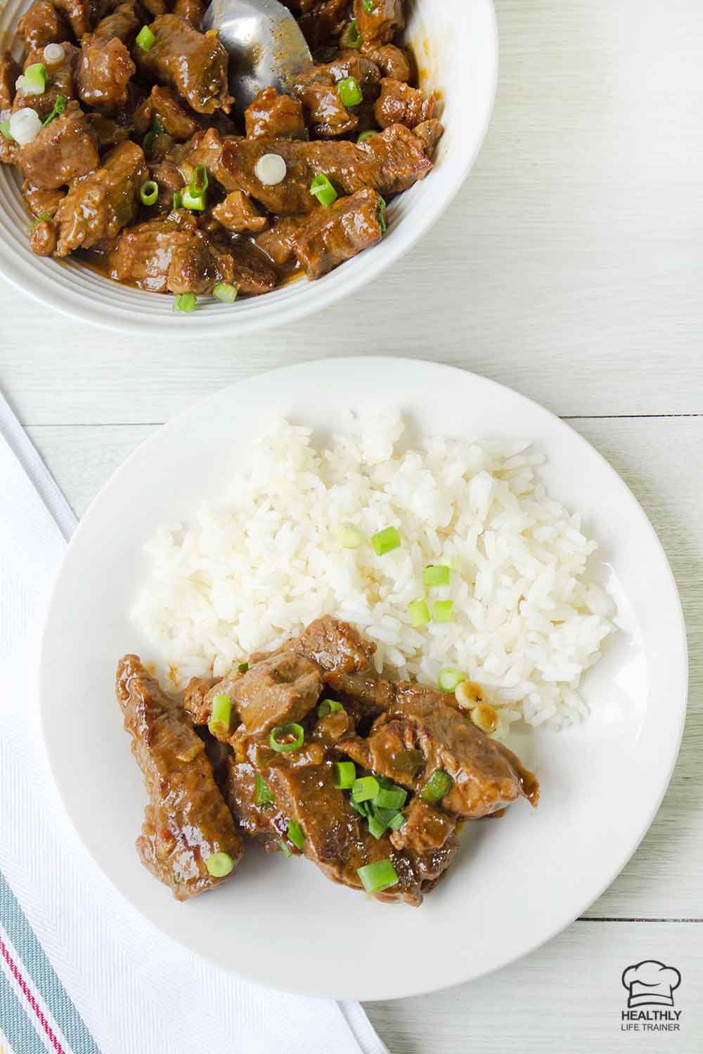 Chinese chilli beef and white rice.