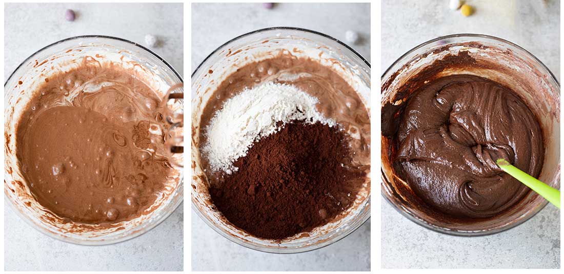 Stir chocolate mixture and fold in the flour and cocoa powder.