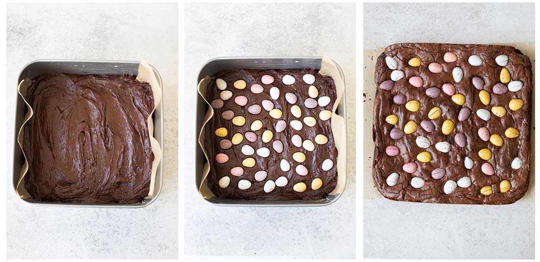 Transfer the batter to the pan, top with chocolate mini eggs.