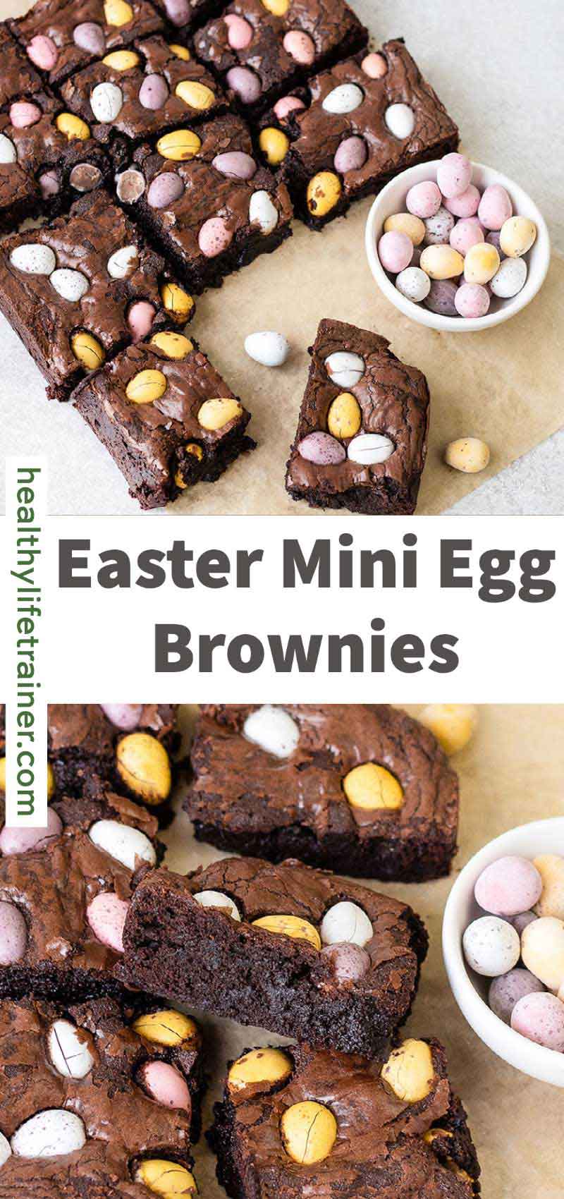 2 photos of easter mini egg brownies.