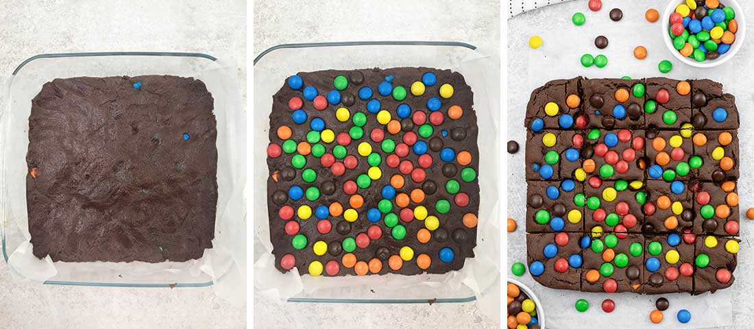 Press the dough into the bottom of the baking pan and press the M&Ms on top.