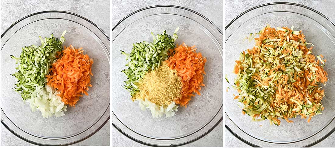 Mix onion, zucchini and carrot. Add in breadcrumbs.