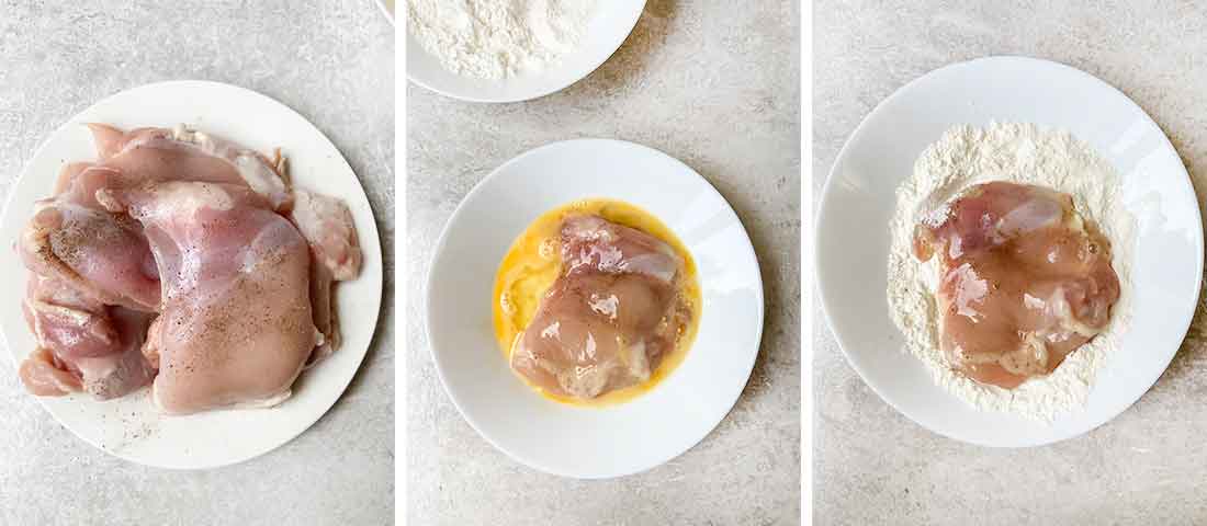 Dip the chicken thighs into egg then flour mixture.