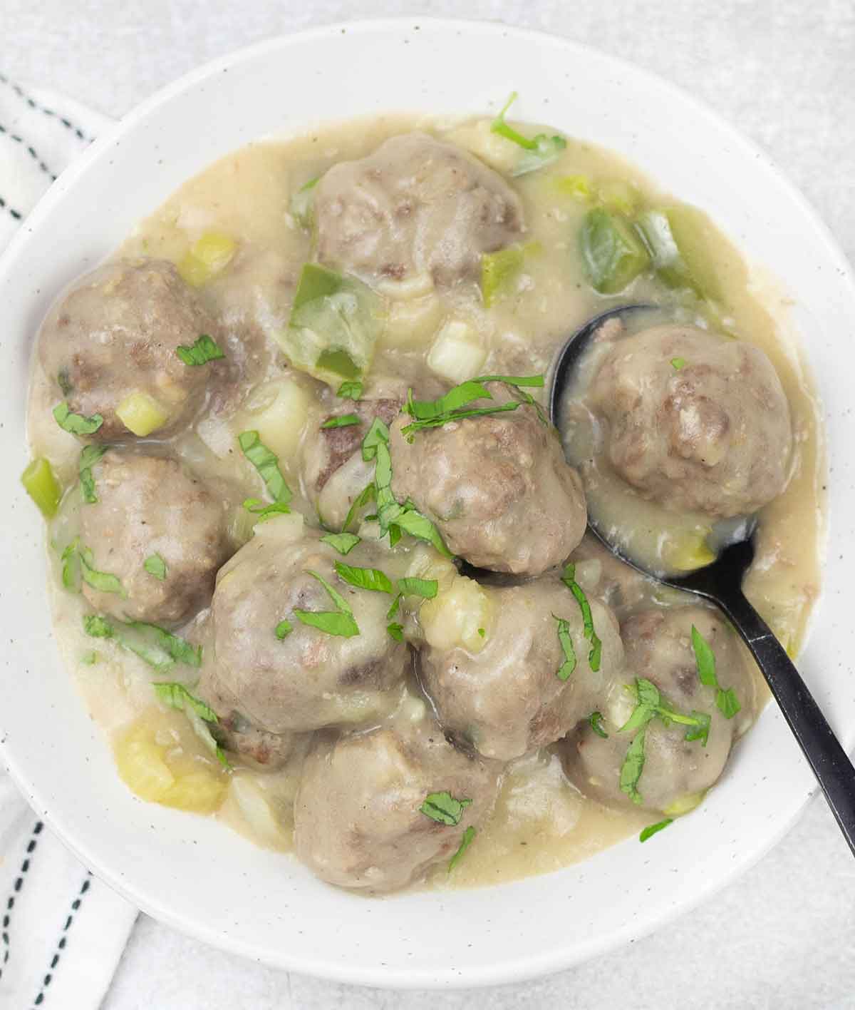 Cajun meatball stew in a bowl.