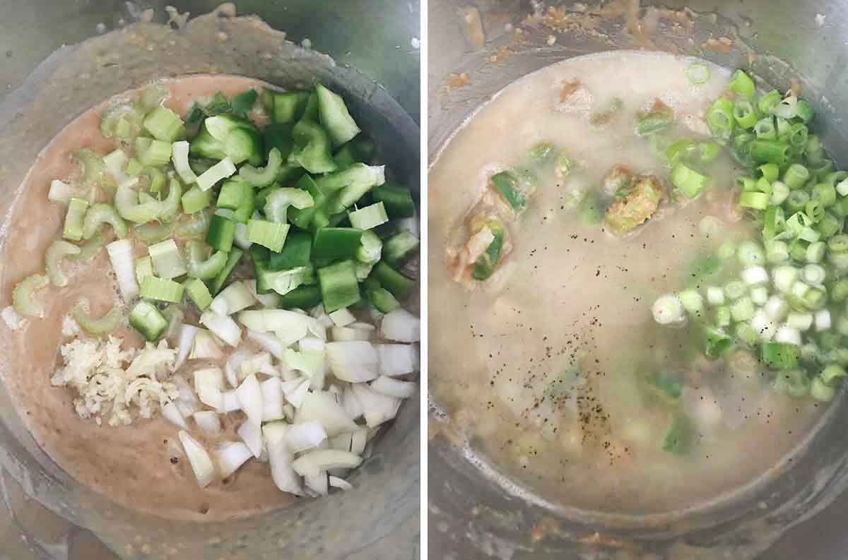 Add in garlic, onion, celery, and bell peppers. Then add beef broth and green onion.