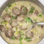 Cajun meatball stew in a pot.