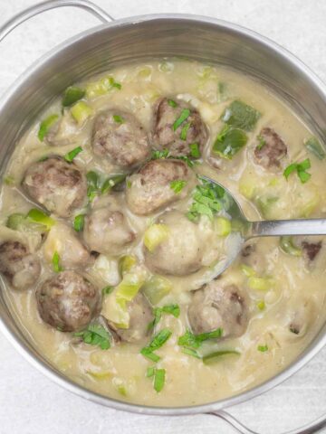 Cajun meatball stew in a pot.