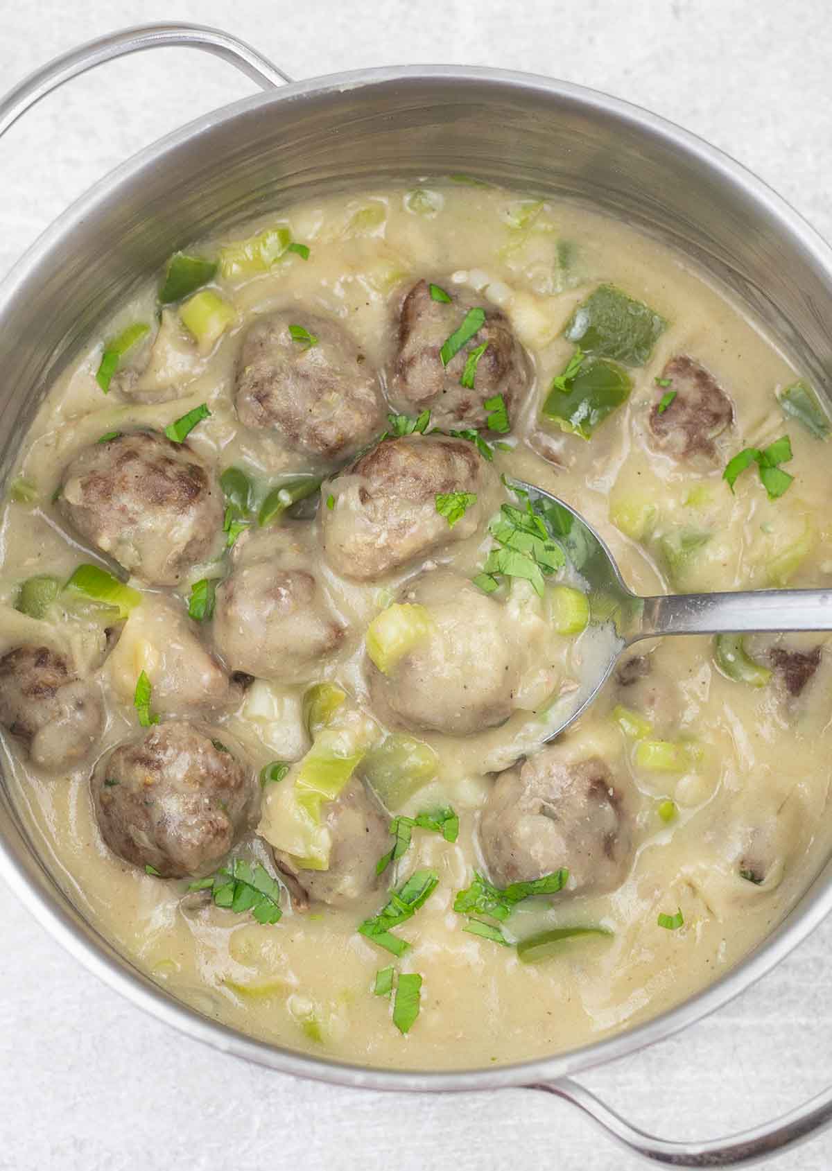 Cajun meatball stew in a pot.