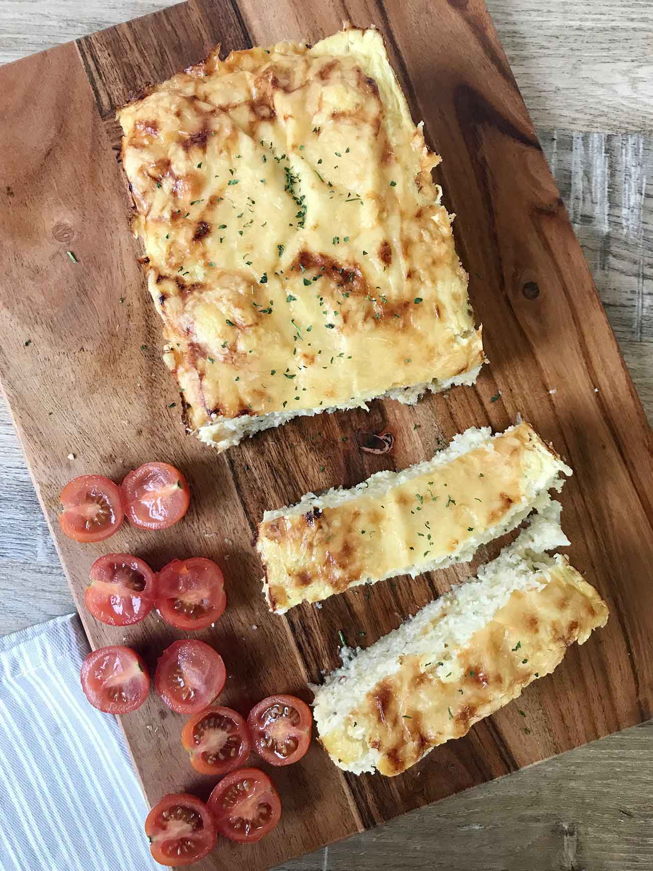 Cauliflower cheese bread and some tomatoes.