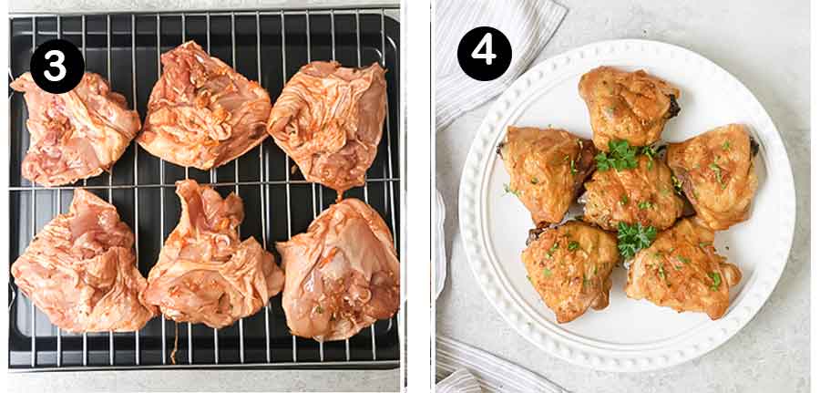 Transfer the chicken thighs into the rack and bake.