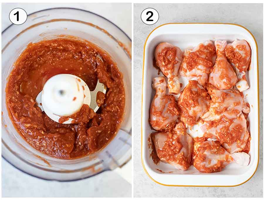 Steps of making baked bbq chicken legs & thighs.