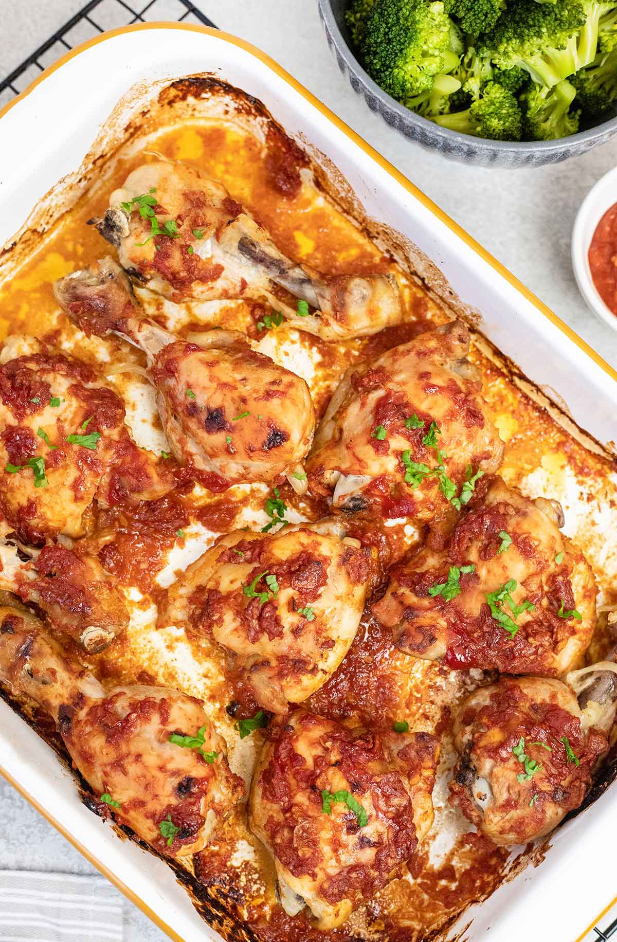 Baked BBQ chicken legs & thighs in the baking pan.