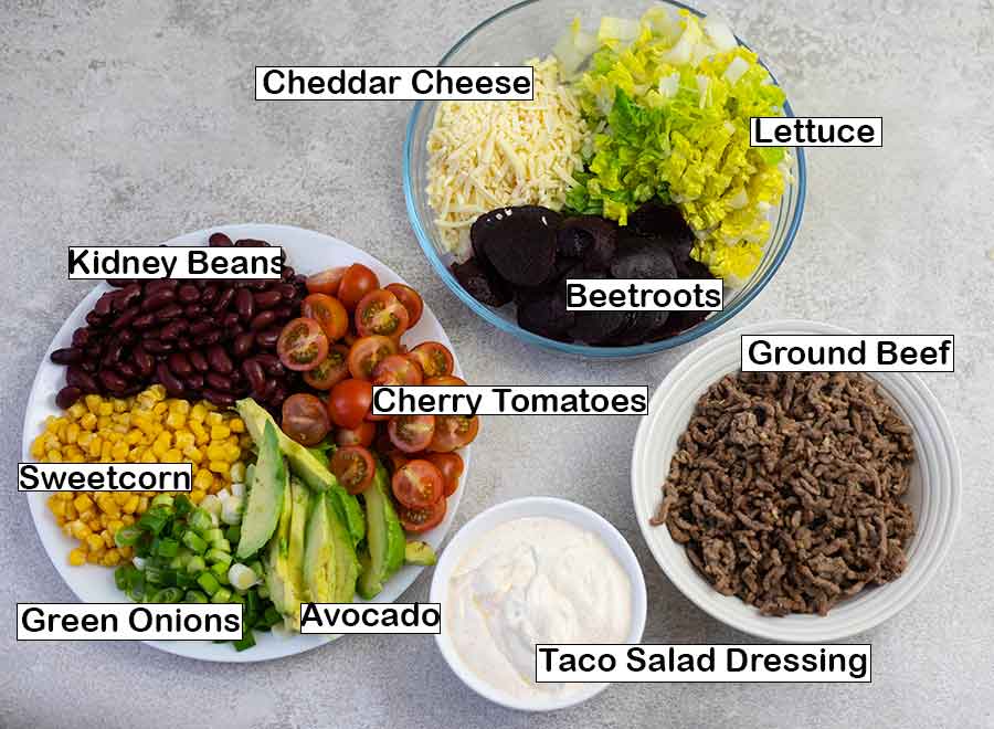 Ingredients of classic taco salad recipe.