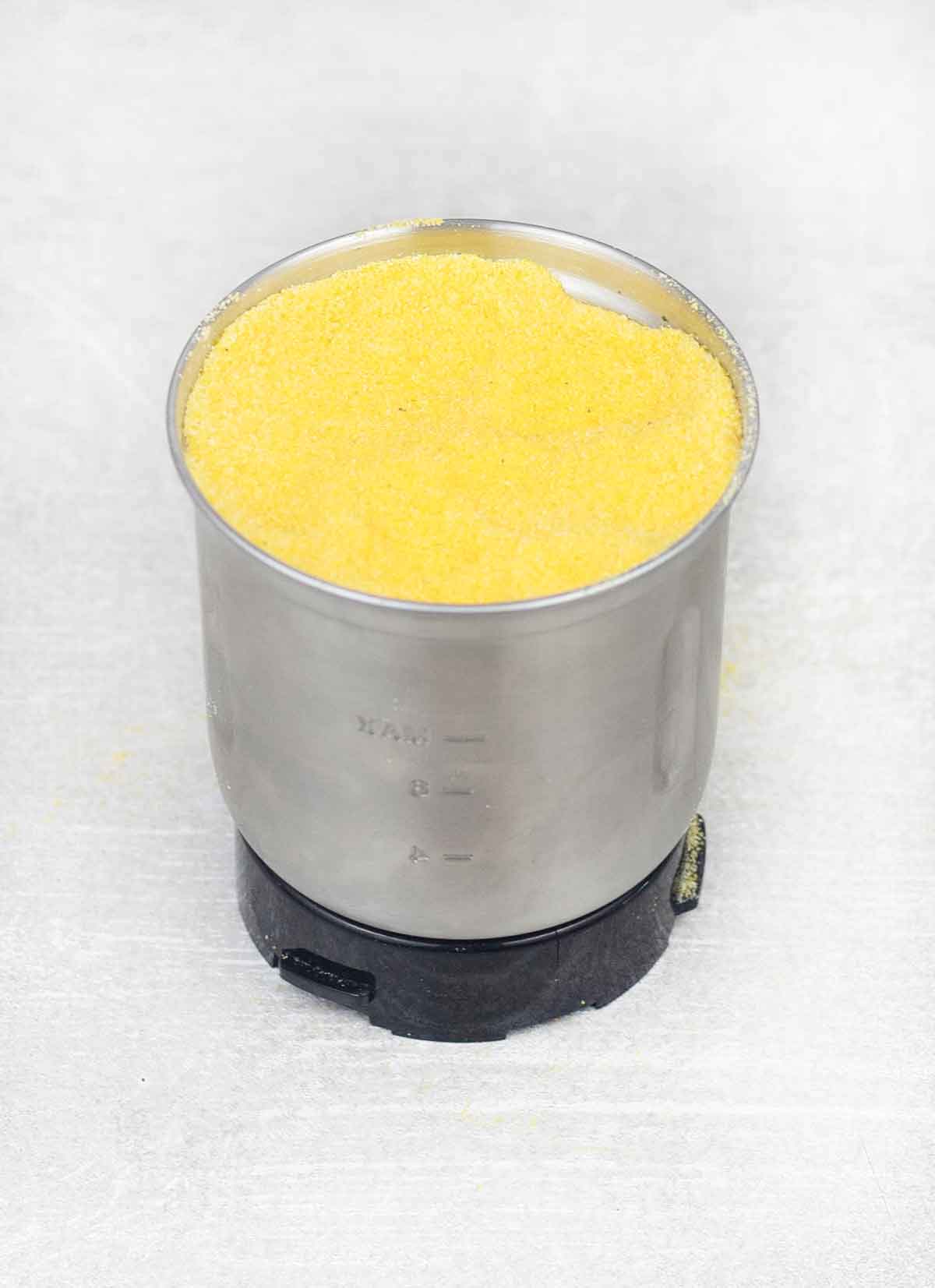 Homemade cornmeal in the grinder.