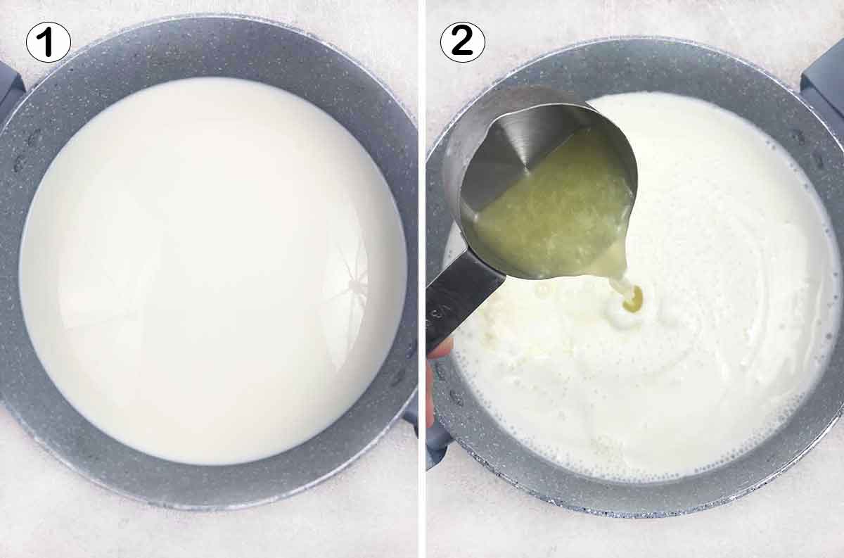 Heat the milk, bring to a boil, then add the lemon juice and stir.