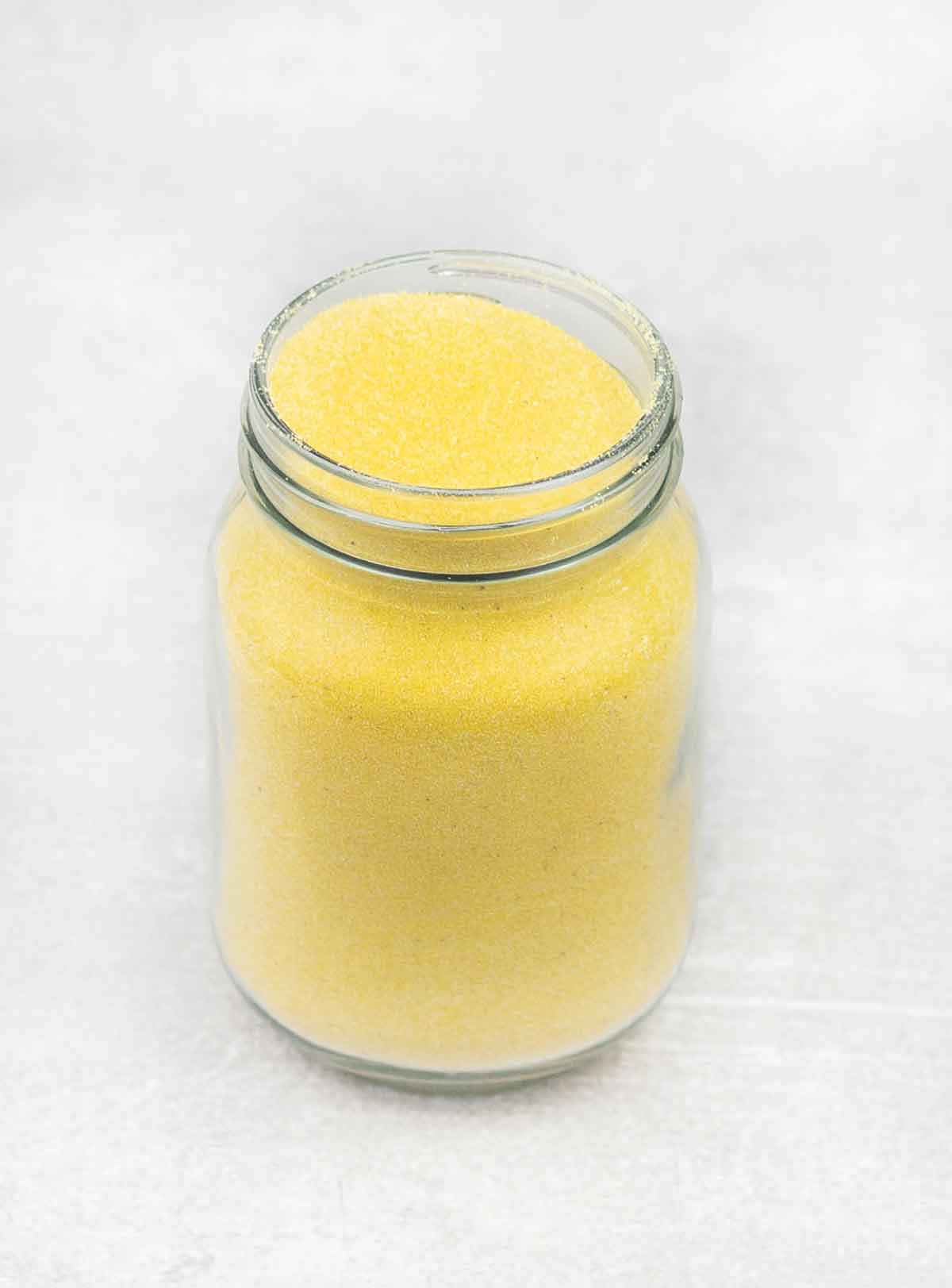 Homemade cornmeal in a jar.