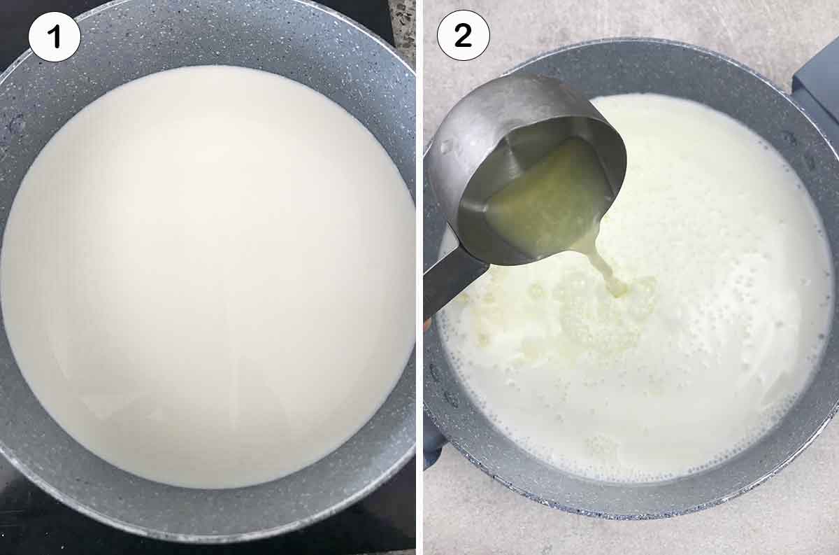 Heat the milk then add the lemon juice and salt.