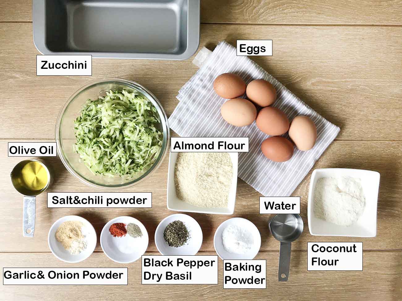 Labeled ingredients for making keto zucchini bread.