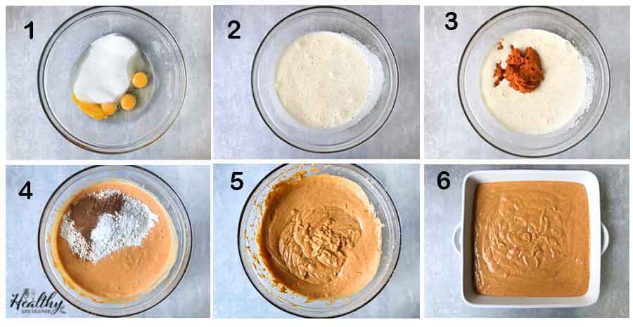 Photo steps of making pumpkin sheet cake with cream cheese frosting.