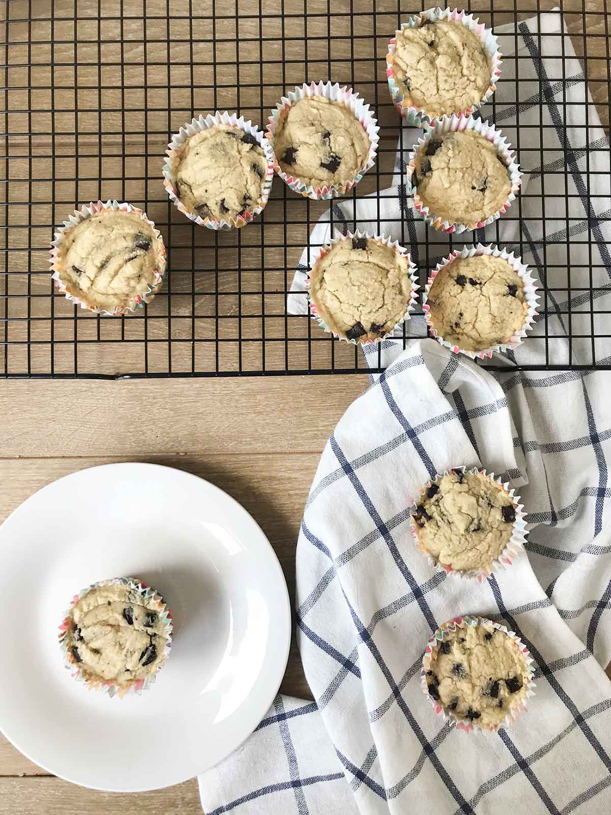 Sugar free chocolate chip muffins are on the table.