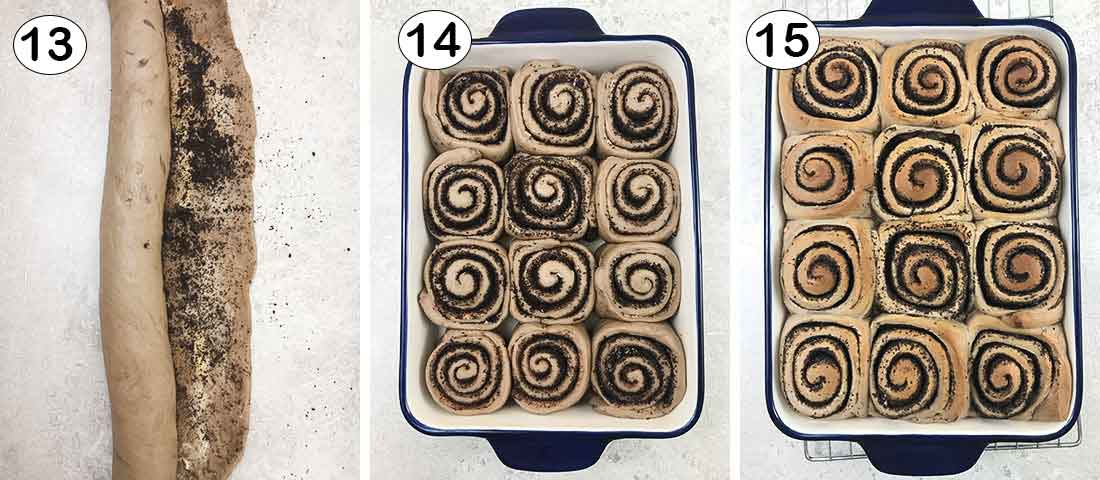 Roll the dough into a log cut into small rolls then place them into a baking pan.
