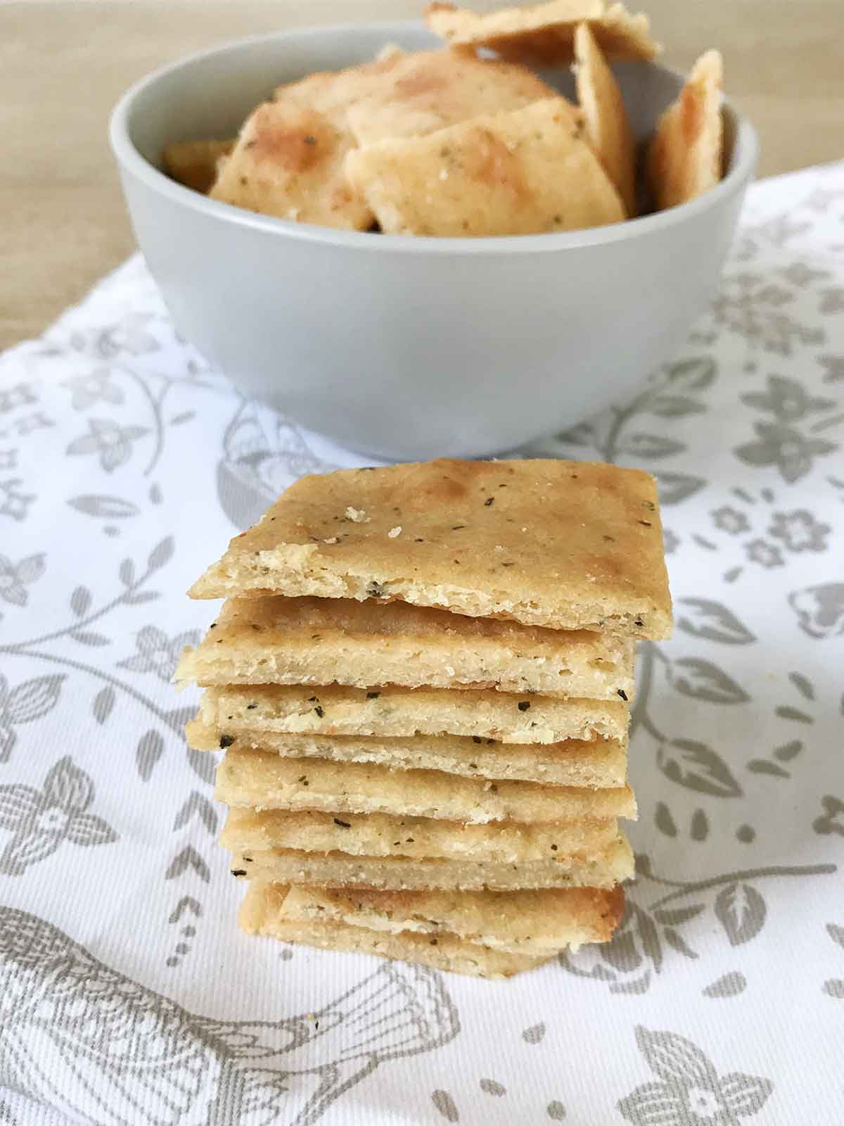 Gluten free cheese crackers on top of each others.