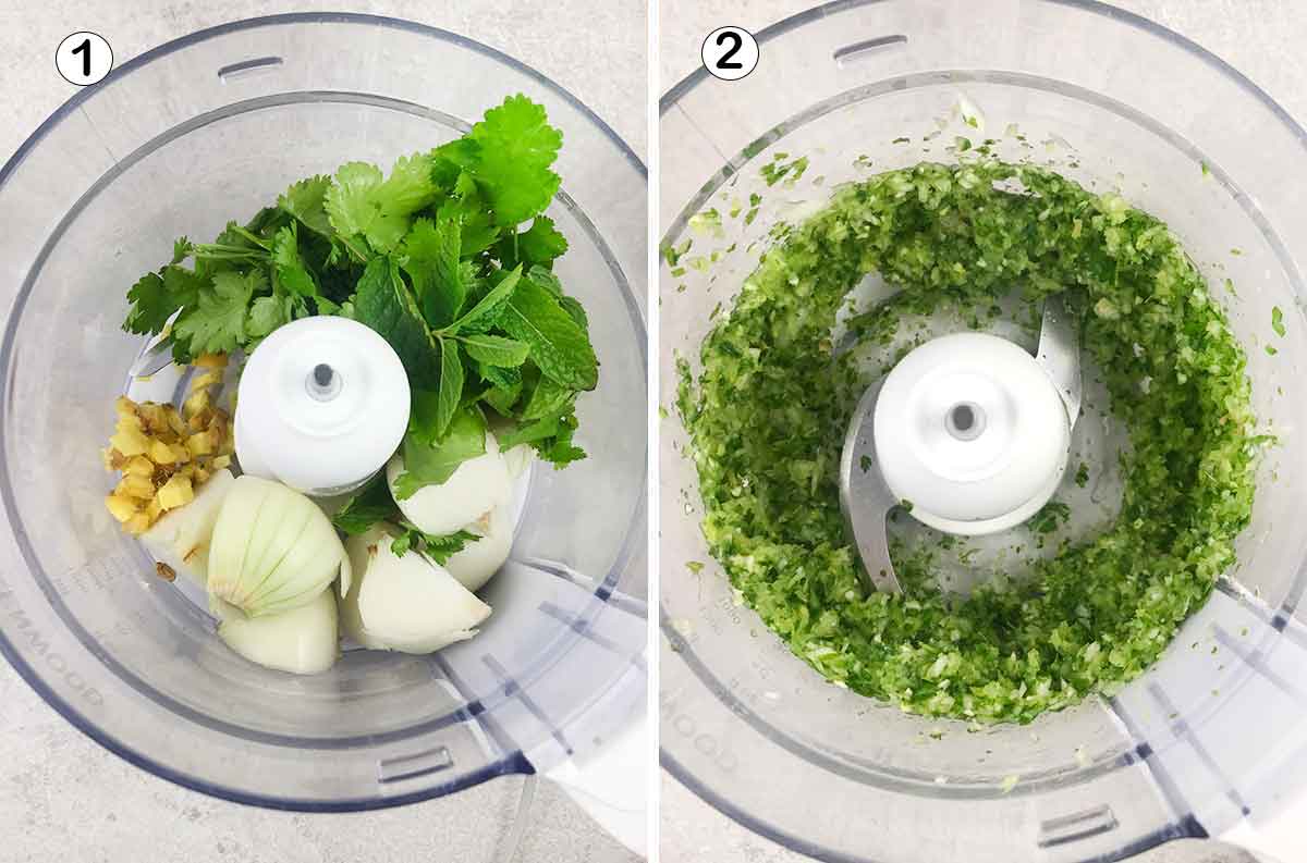 In the food processor, add onion, ginger, mint, and cilantro and blitz.