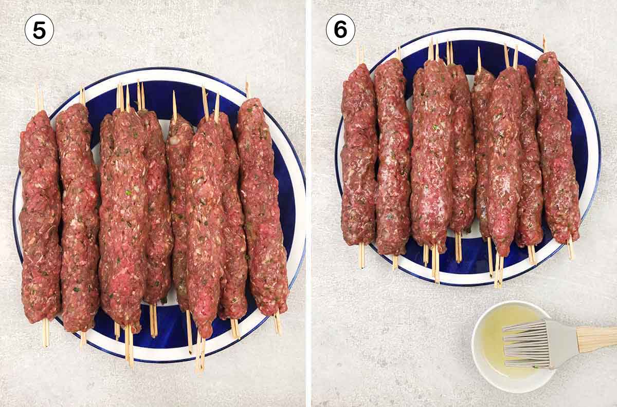 Mold all the meat onto skewers and the brush with oil.