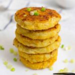 Leftover mashed potato pancakes on top of each other.