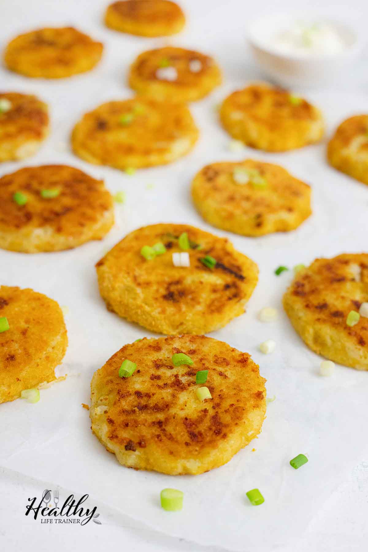 Leftover mashed potato pancakes topped with green onions.