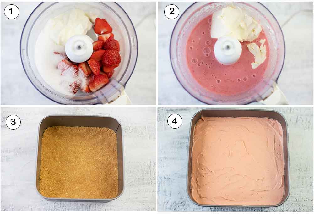 Steps of making no bake strawberry cheesecake bars.