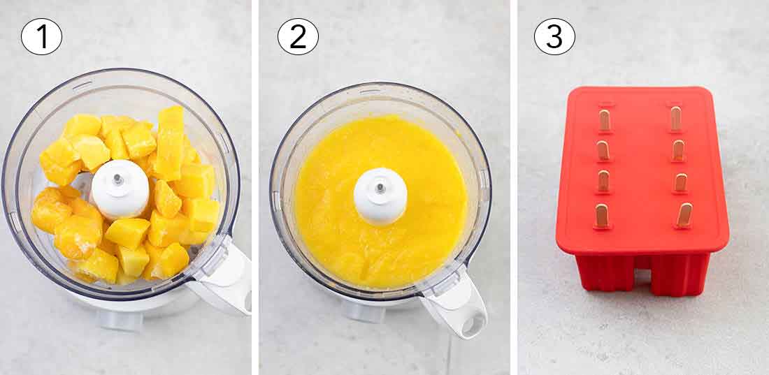 Step by step photo for how to make the mango popsicles.