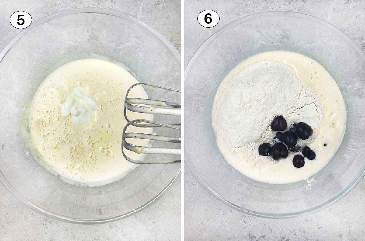 Whisk in milk and yogurt and then stir in the flour mixture and fold in the pitted cherries.