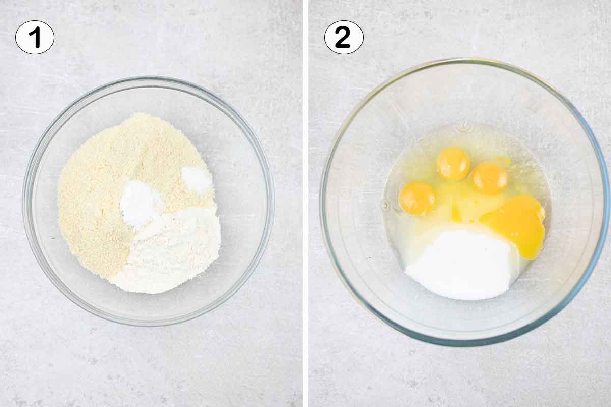 Mix the dry ingredients in a bowl and beat eggs and sugar in a second bowl.