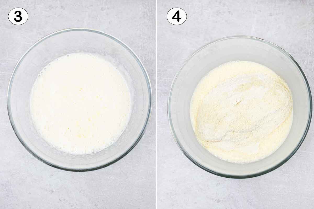 Mix in almond extract, oil and melted butter then add the dry ingredients.