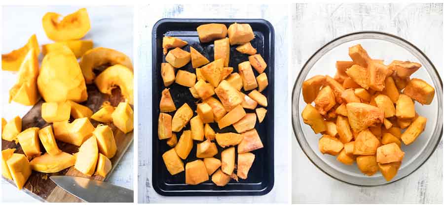 Steps of roasting the pumpkin to make the puree; peel, cut and roast.